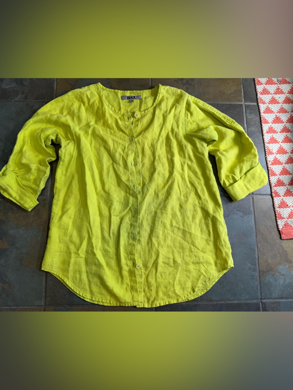 Flax Womens 100% Linen Button-Up Long Tab Roll Sleeve Shirt Yellow/Green Small